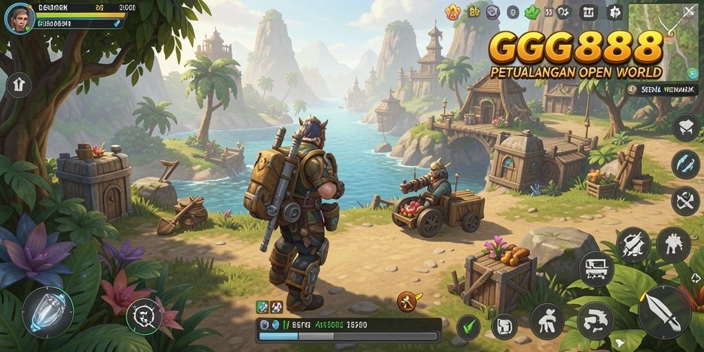 Tangkapan layar game GGG888 yang menunjukkan petualangan di dunia terbuka.