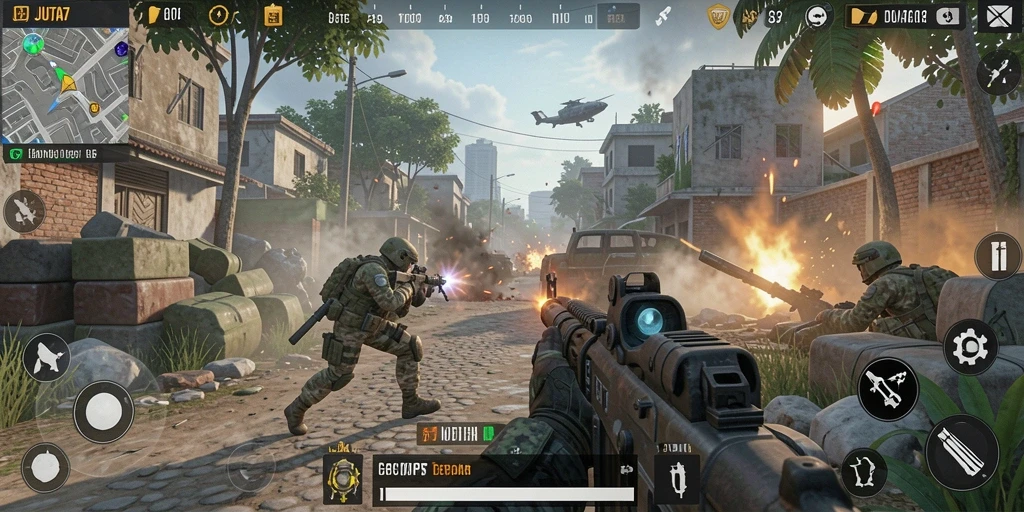 Tampilan gameplay seru dari JUTA7 dengan aksi tembak-menembak yang mendebarkan.