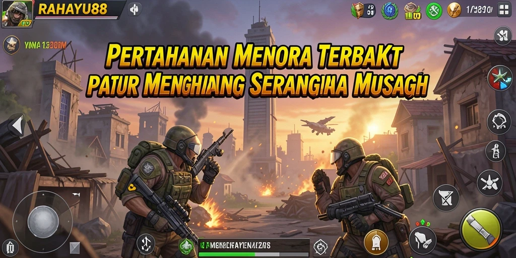 Tangkapan layar gameplay RAHAYU88 menampilkan menara dan musuh dalam pertempuran Tower Defense.